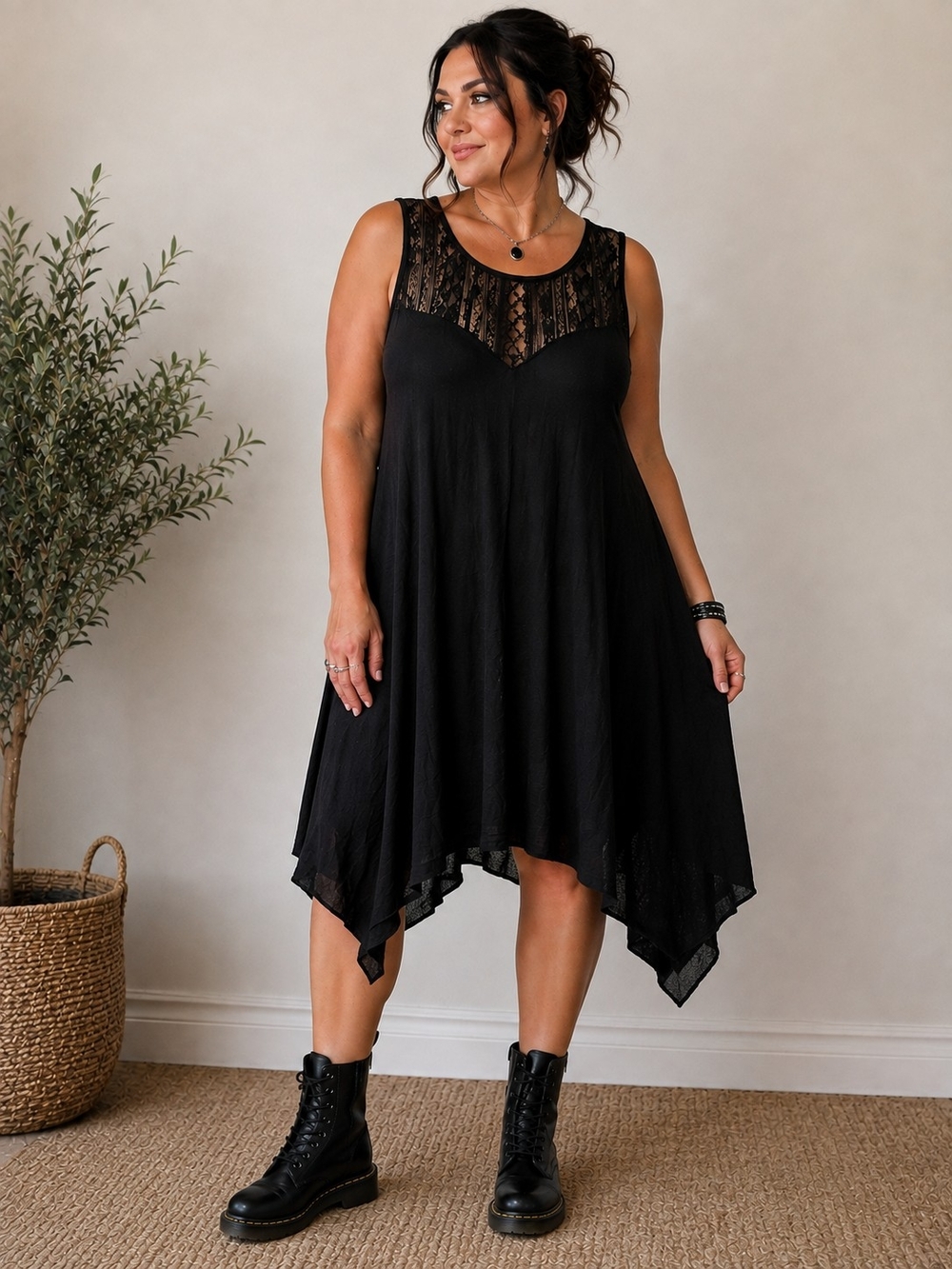 Torrid Black Lace Illusion Handkerchief Hem Swing Dress With Pockets